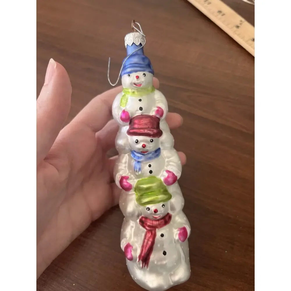 Vintage Snowman Totem Pole Hand Blown Glass Poland Stacked Snowmen